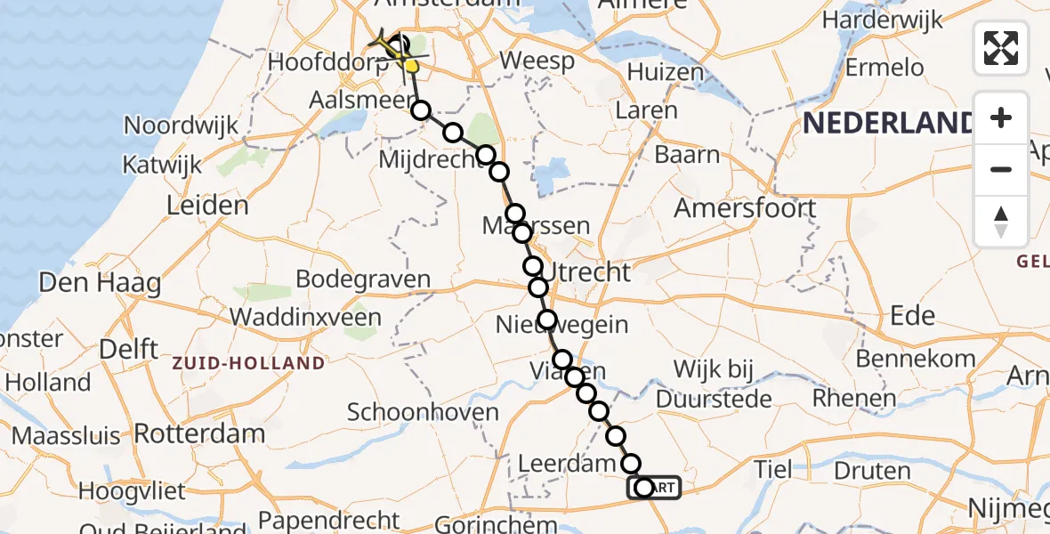 Routekaart van de vlucht: Politieheli naar Schiphol