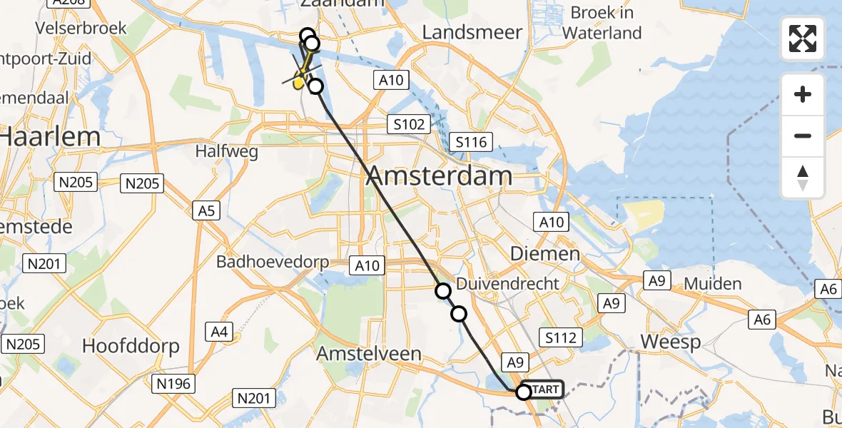 Routekaart van de vlucht: Lifeliner 1 naar Amsterdam Heliport