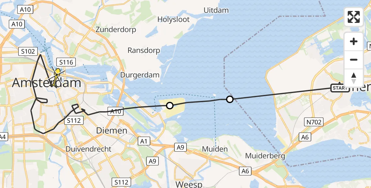 Routekaart van de vlucht: Politieheli naar Amsterdam