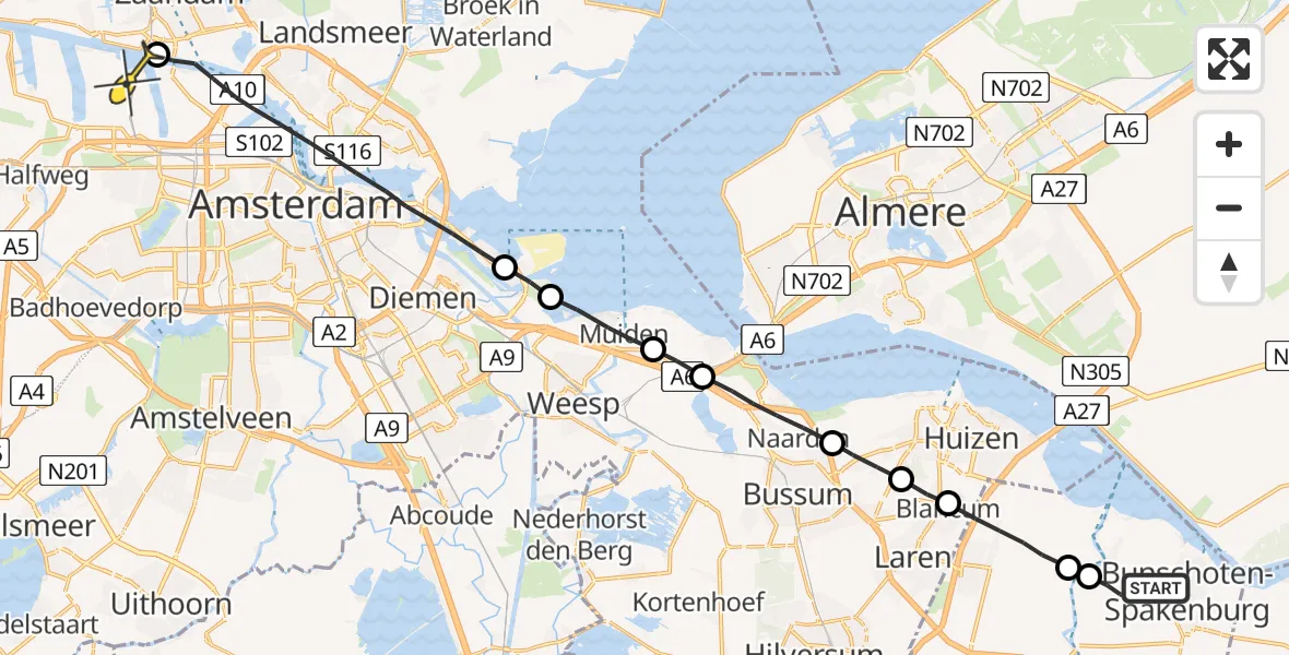 Routekaart van de vlucht: Lifeliner 1 naar Amsterdam Heliport