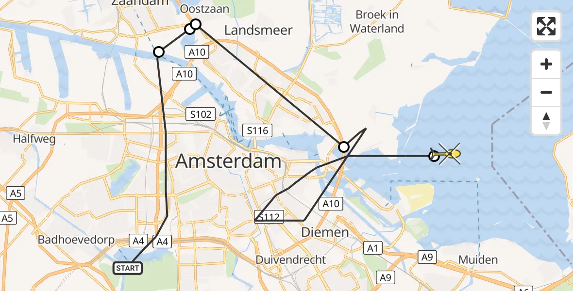 Routekaart van de vlucht: Politieheli naar Muiden