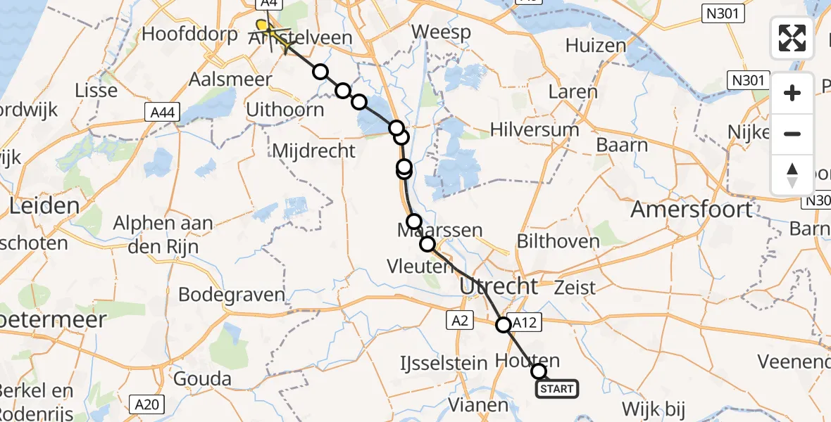 Routekaart van de vlucht: Politieheli naar Aalsmeer