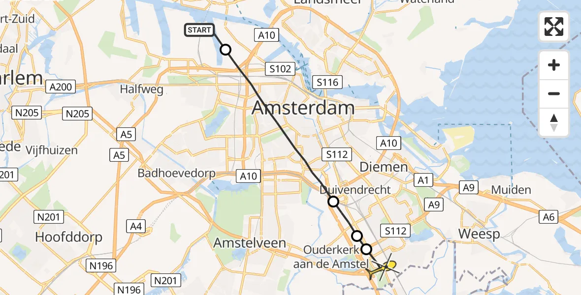 Routekaart van de vlucht: Lifeliner 1 naar Academisch Medisch Centrum (AMC)