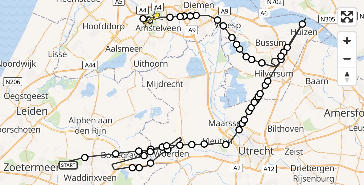 Vluchtroute Politiehelikopter van Benthuizen naar Amstelveen