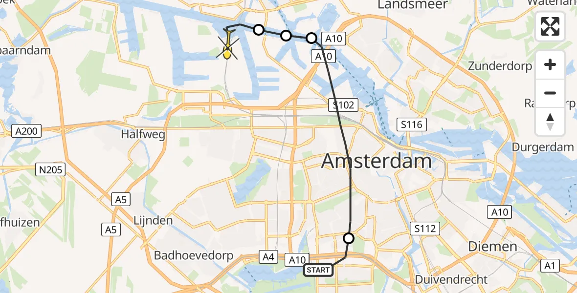 Routekaart van de vlucht: Lifeliner 1 naar Amsterdam Heliport