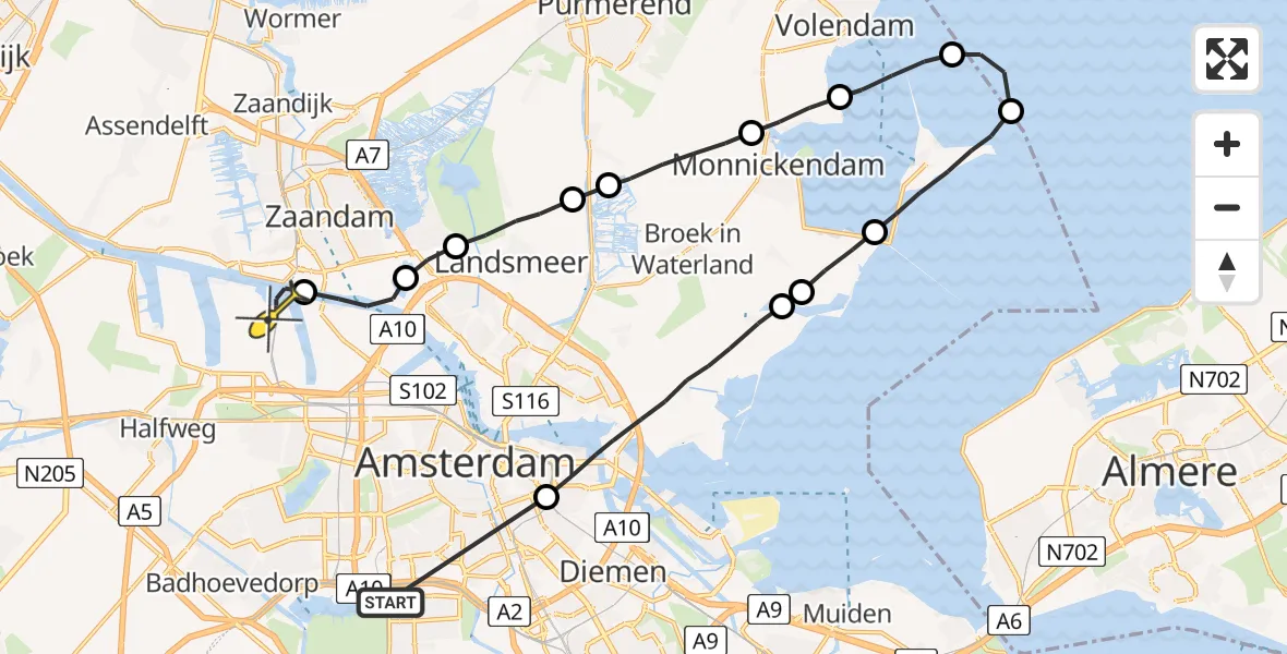 Routekaart van de vlucht: Lifeliner 1 naar Amsterdam Heliport