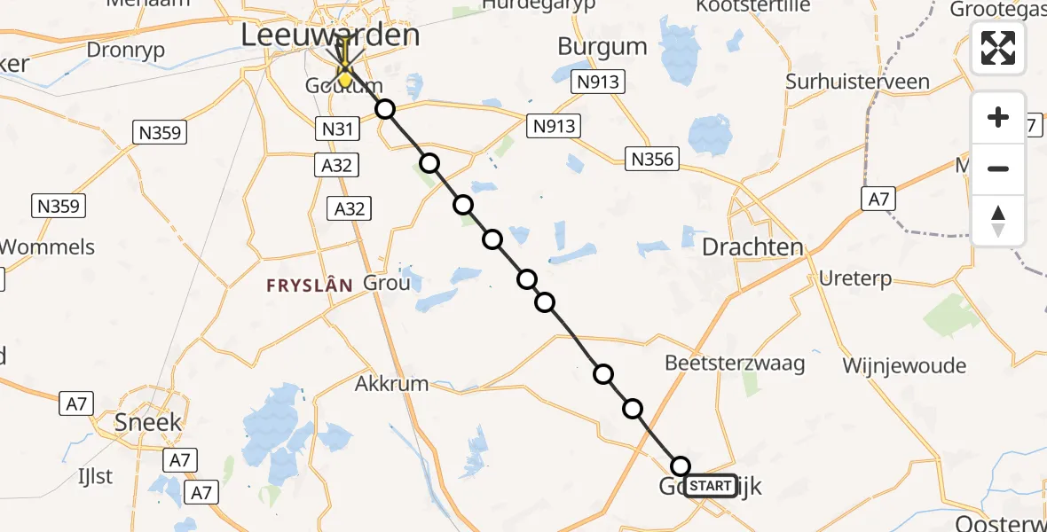 Routekaart van de vlucht: Lifeliner 4 naar Leeuwarden