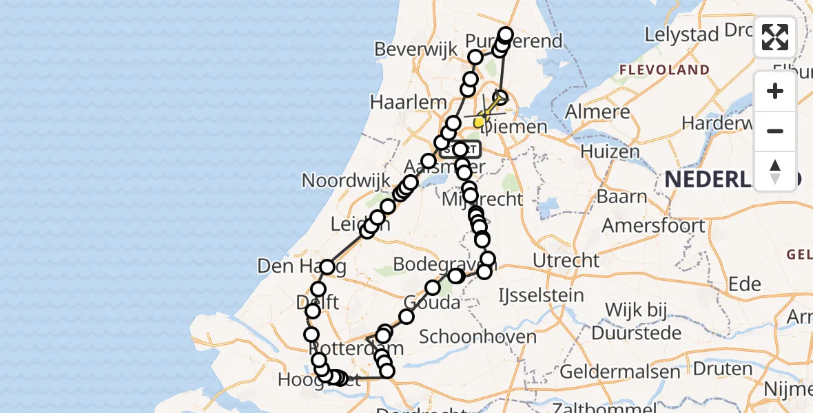 Routekaart van de vlucht: Politieheli naar Amsterdam