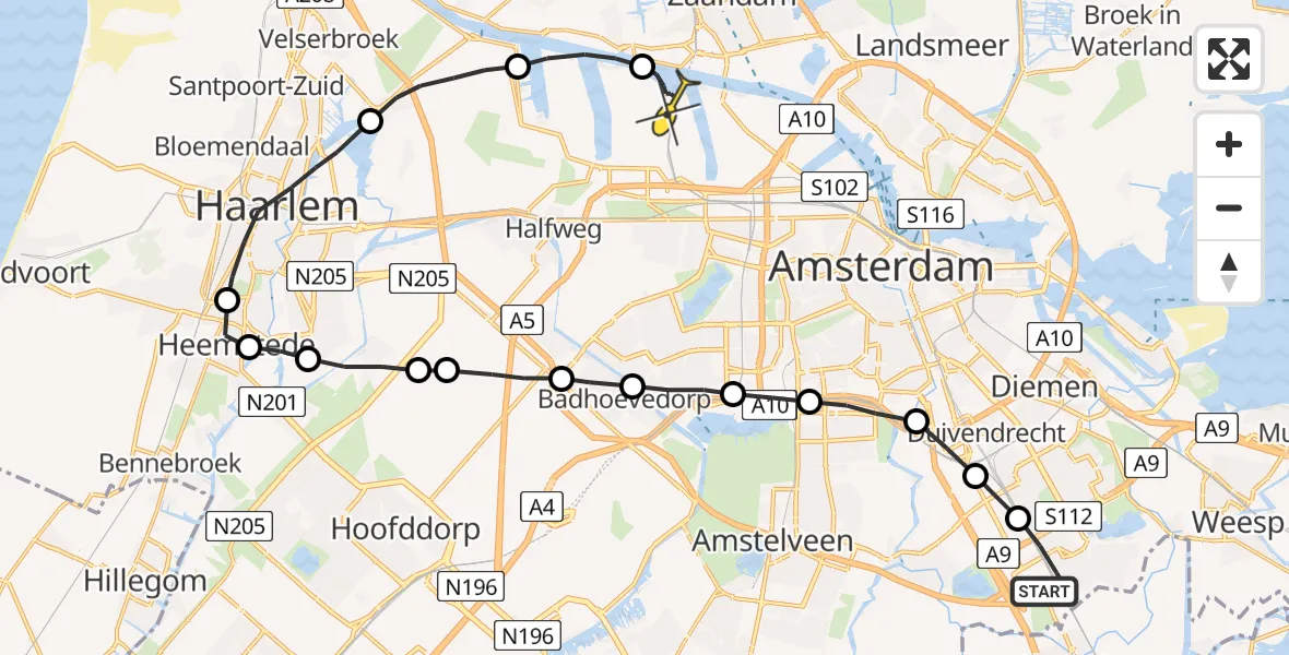 Routekaart van de vlucht: Lifeliner 1 naar Amsterdam Heliport