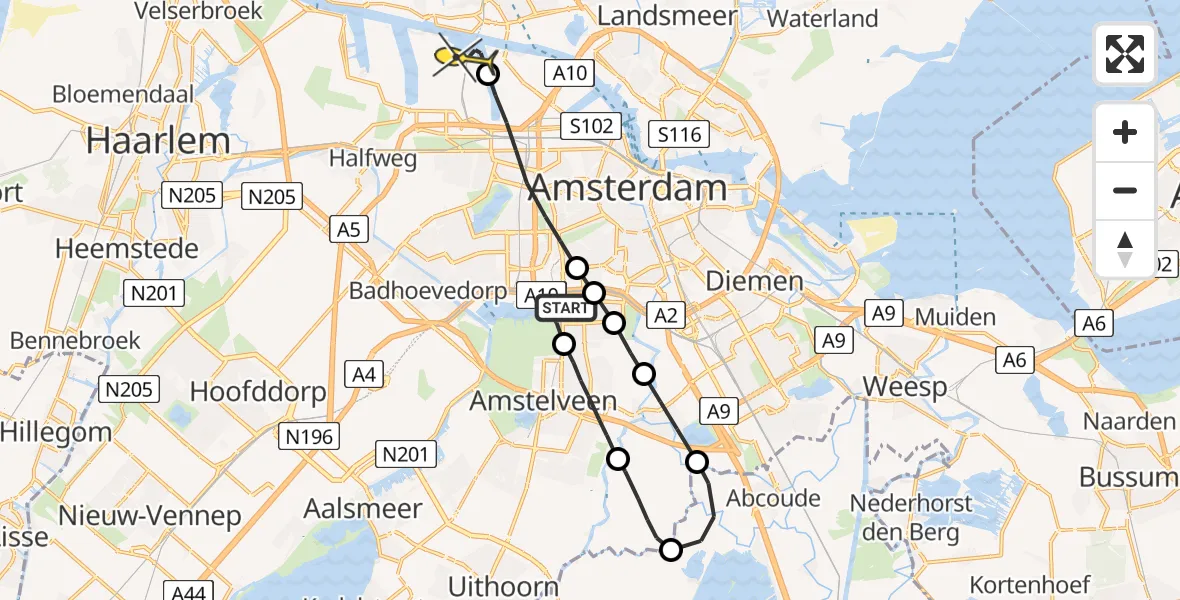 Routekaart van de vlucht: Lifeliner 1 naar Amsterdam Heliport