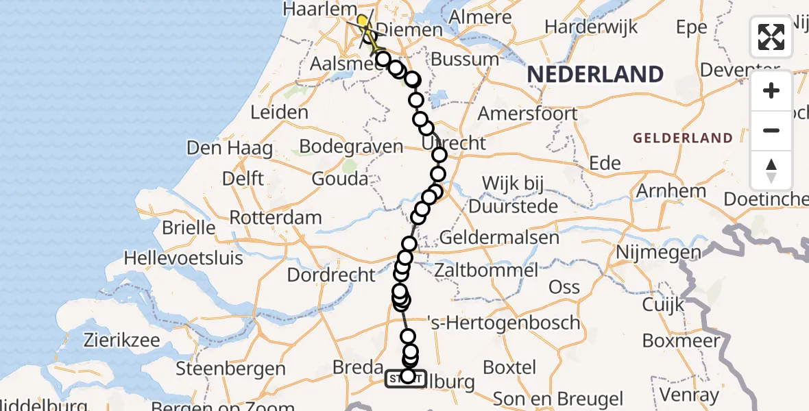Vluchtroute Politiehelikopter van Vliegbasis Gilze-Rijen naar Amsterdam