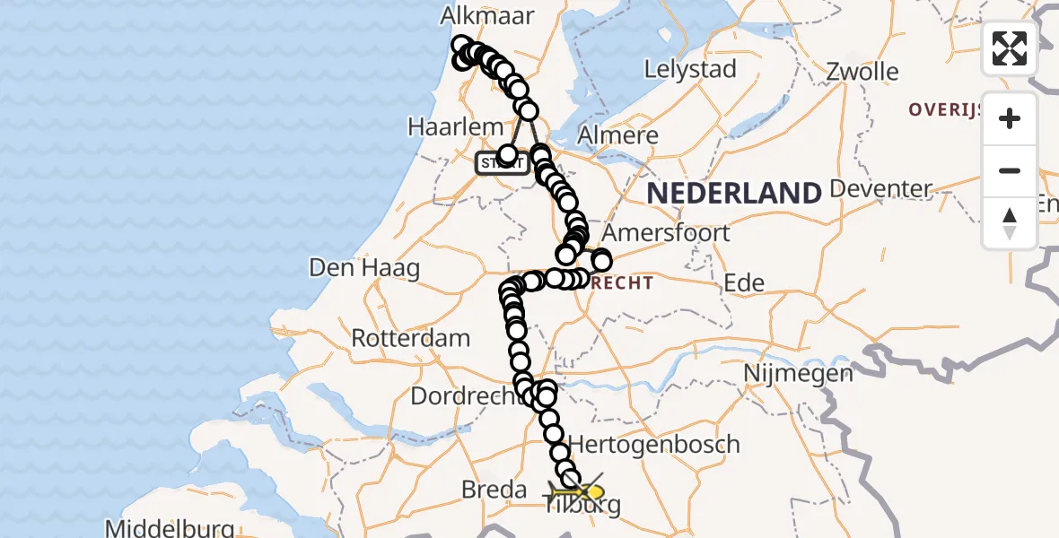 Routekaart van de vlucht: Politieheli naar Tilburg