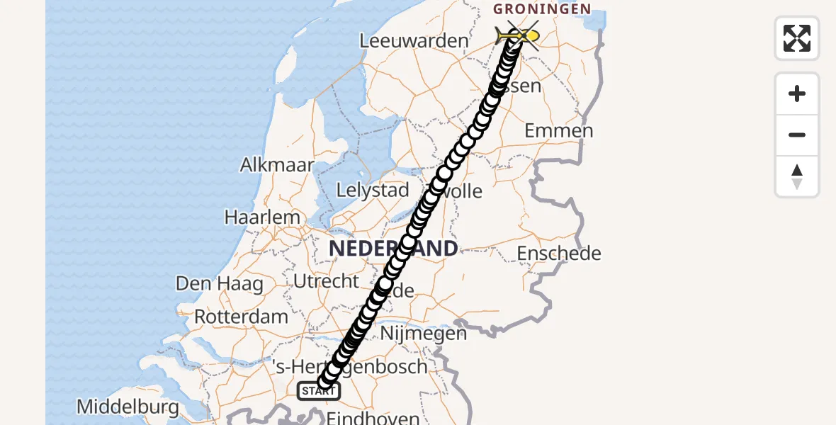Vluchtroute Politiehelikopter van Tilburg naar Universitair Medisch Centrum Groningen