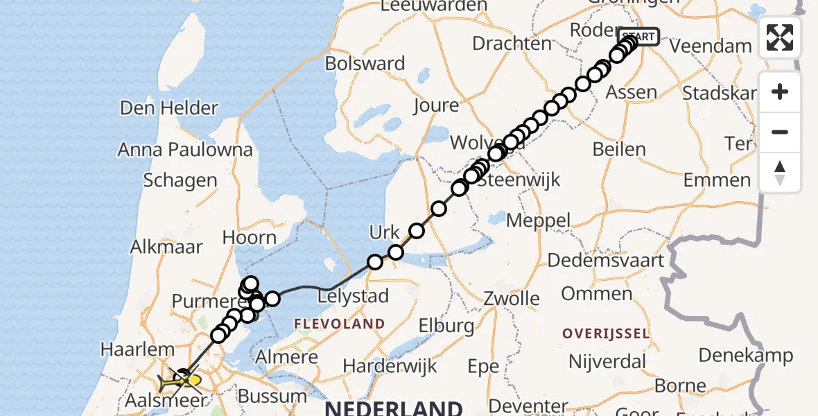 Routekaart van de vlucht: Politieheli naar Schiphol