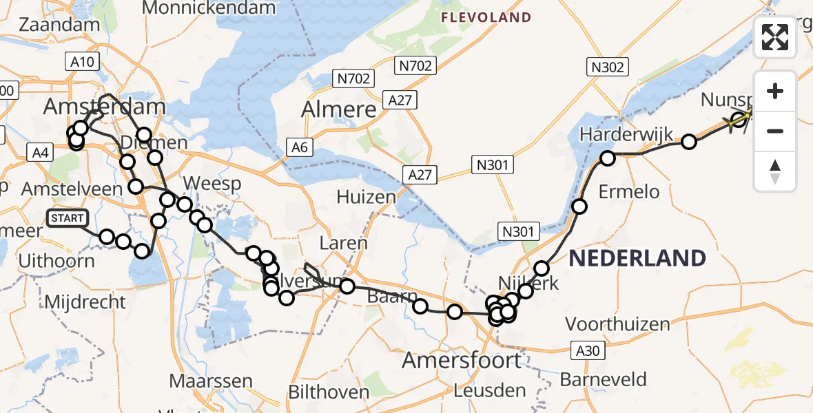 Routekaart van de vlucht: Politieheli naar Nunspeet