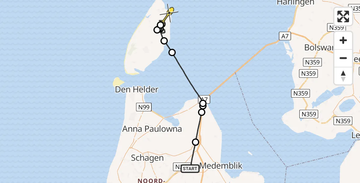 Routekaart van de vlucht: Politieheli naar De Cocksdorp