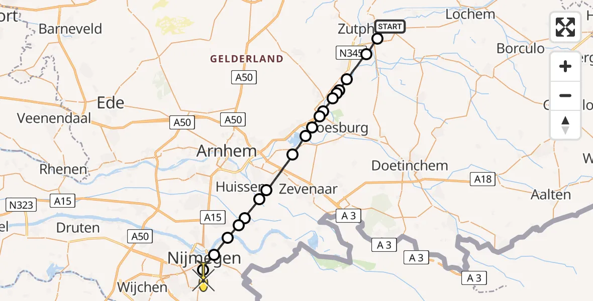 Routekaart van de vlucht: Lifeliner 3 naar Radboud Universitair Medisch Centrum