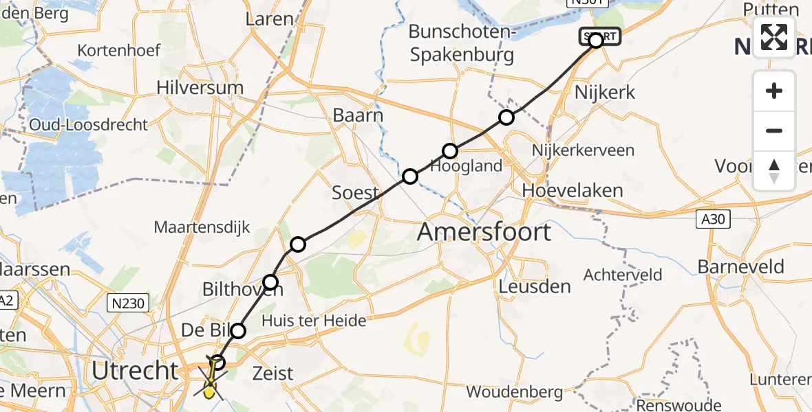 Routekaart van de vlucht: Lifeliner 3 naar Universitair Medisch Centrum Utrecht