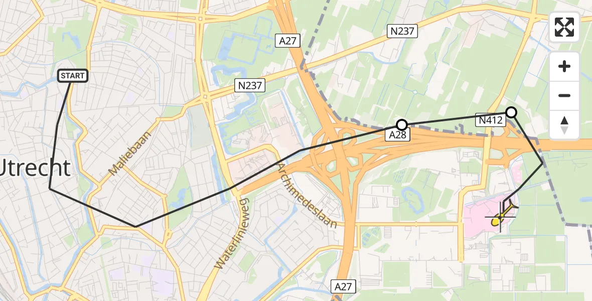 Routekaart van de vlucht: Lifeliner 1 naar Universitair Medisch Centrum Utrecht