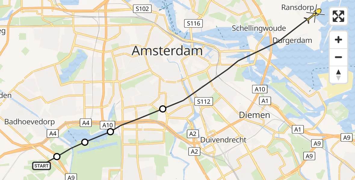 Routekaart van de vlucht: Politieheli naar Amsterdam