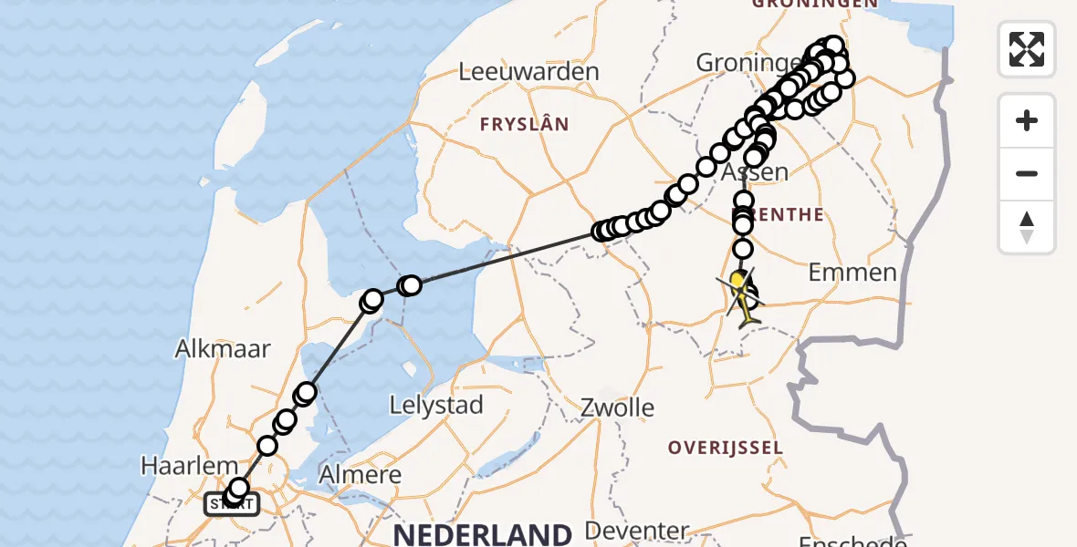 Routekaart van de vlucht: Politieheli naar Vliegveld Hoogeveen