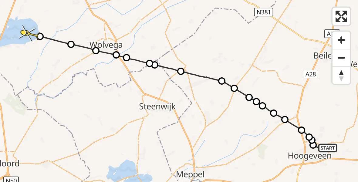 Routekaart van de vlucht: Politiehelikopter naar Delfstrahuizen