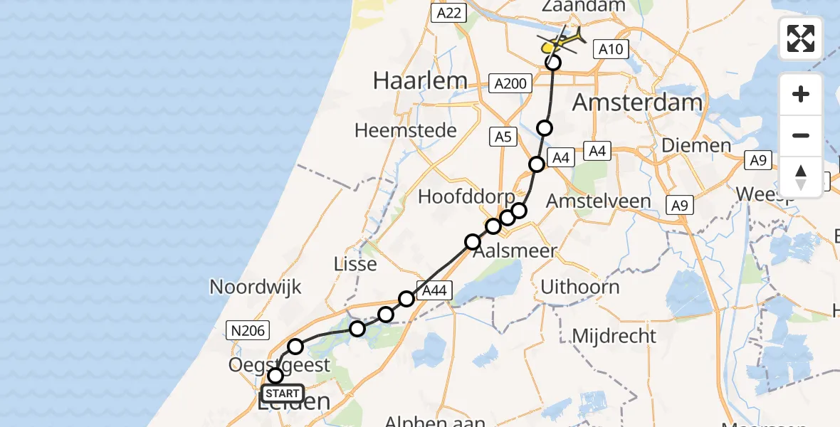 Routekaart van de vlucht: Lifeliner 1 naar Amsterdam Heliport