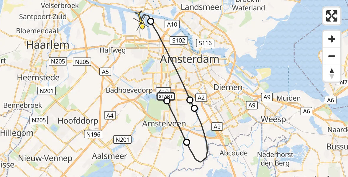 Routekaart van de vlucht: Lifeliner 1 naar Amsterdam Heliport