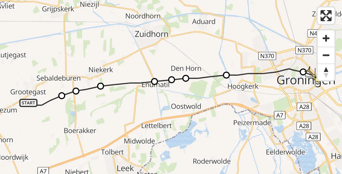 Routekaart van de vlucht: Lifeliner 4 naar Universitair Medisch Centrum Groningen