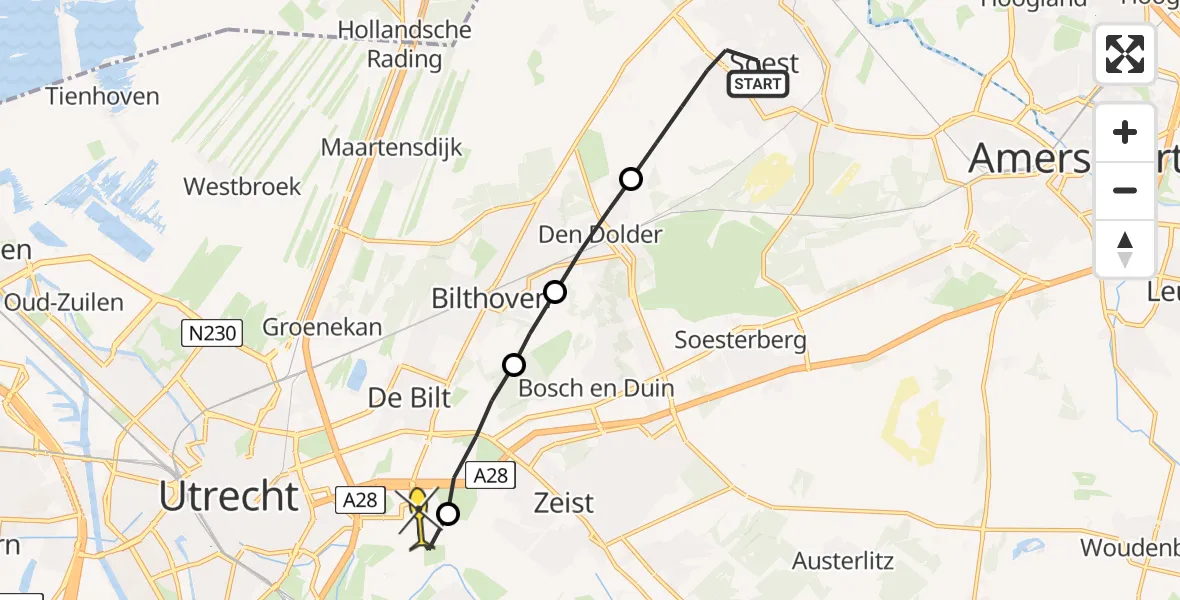 Routekaart van de vlucht: Lifeliner 1 naar Universitair Medisch Centrum Utrecht