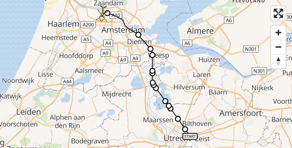 Routekaart van de vlucht: Lifeliner 1 naar Amsterdam Heliport