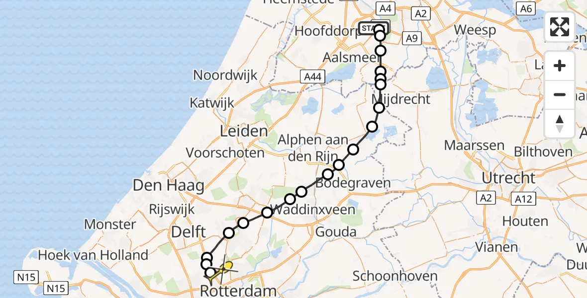 Routekaart van de vlucht: Politieheli naar Rotterdam The Hague Airport