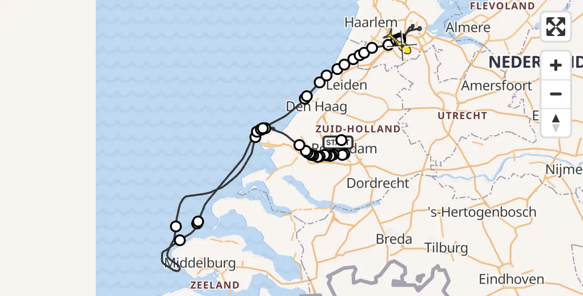 Routekaart van de vlucht: Politieheli naar Schiphol