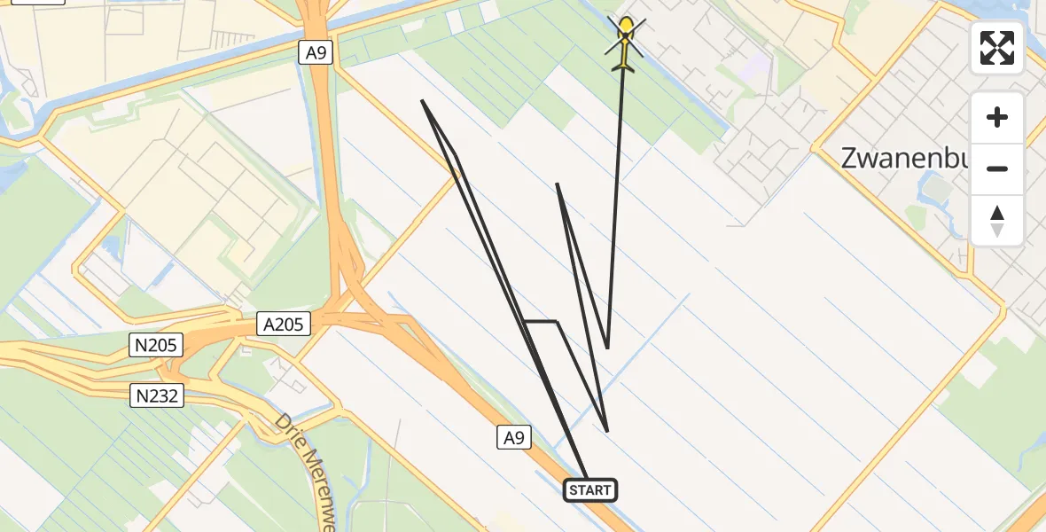 Routekaart van de vlucht: Politiehelikopter naar Zwanenburg