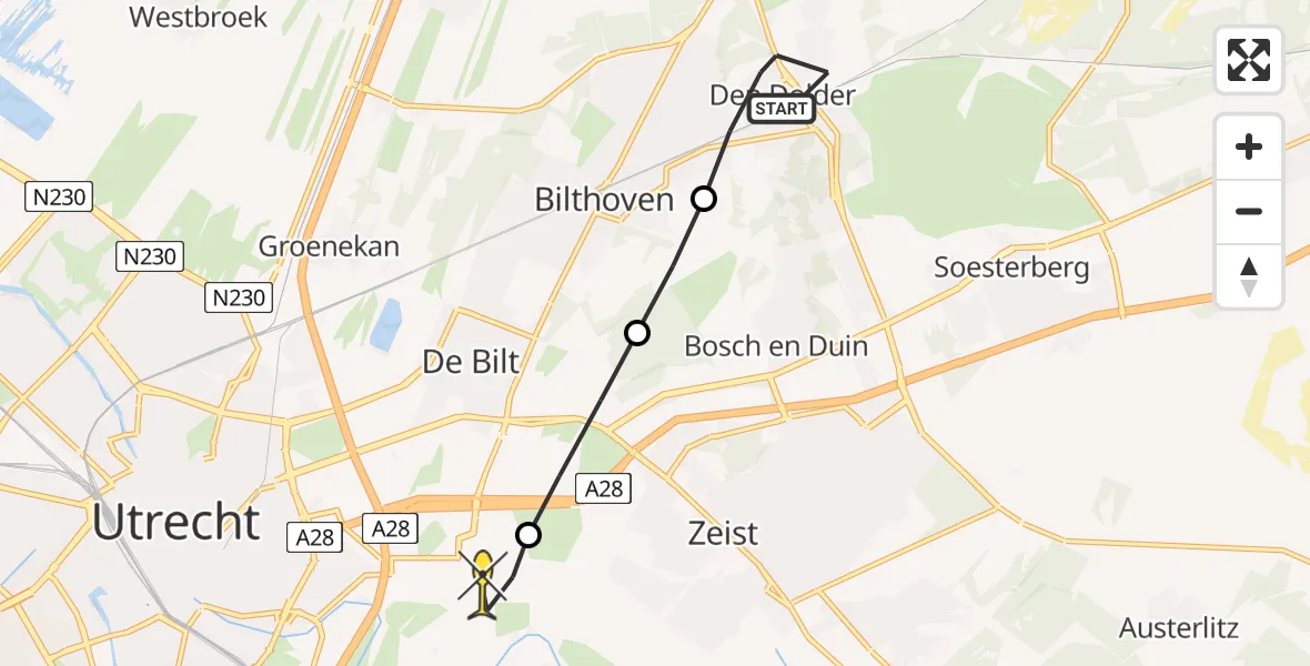 Routekaart van de vlucht: Lifeliner 1 naar Universitair Medisch Centrum Utrecht