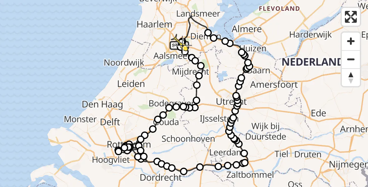 Routekaart van de vlucht: Politieheli naar Schiphol