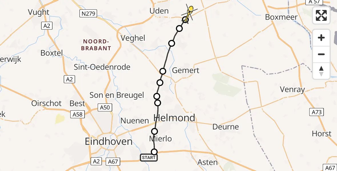 Routekaart van de vlucht: Politieheli naar Vliegbasis Volkel