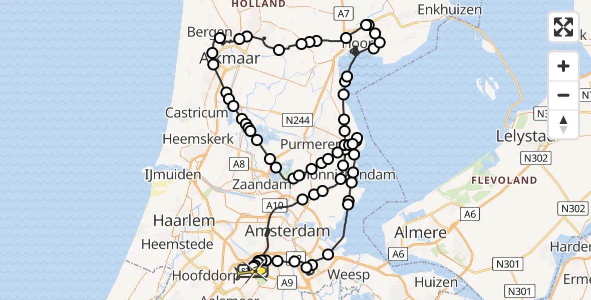 Routekaart van de vlucht: Politieheli naar Schiphol