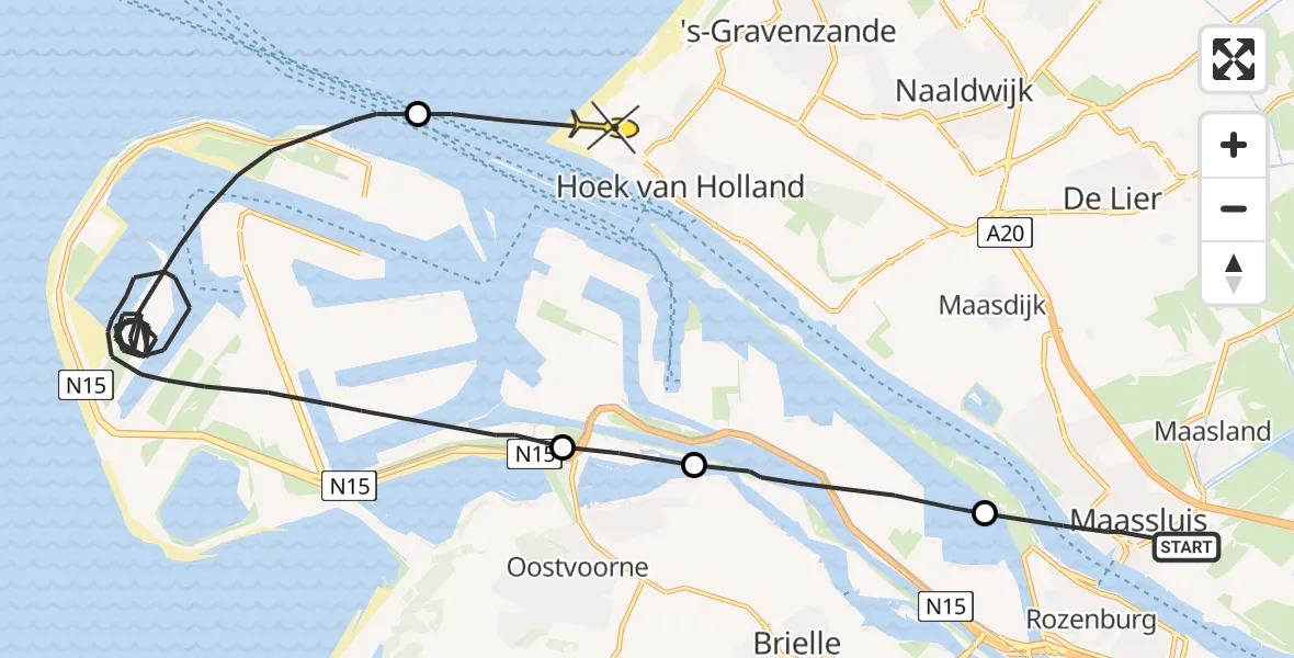 Routekaart van de vlucht: Politieheli naar Hoek van Holland