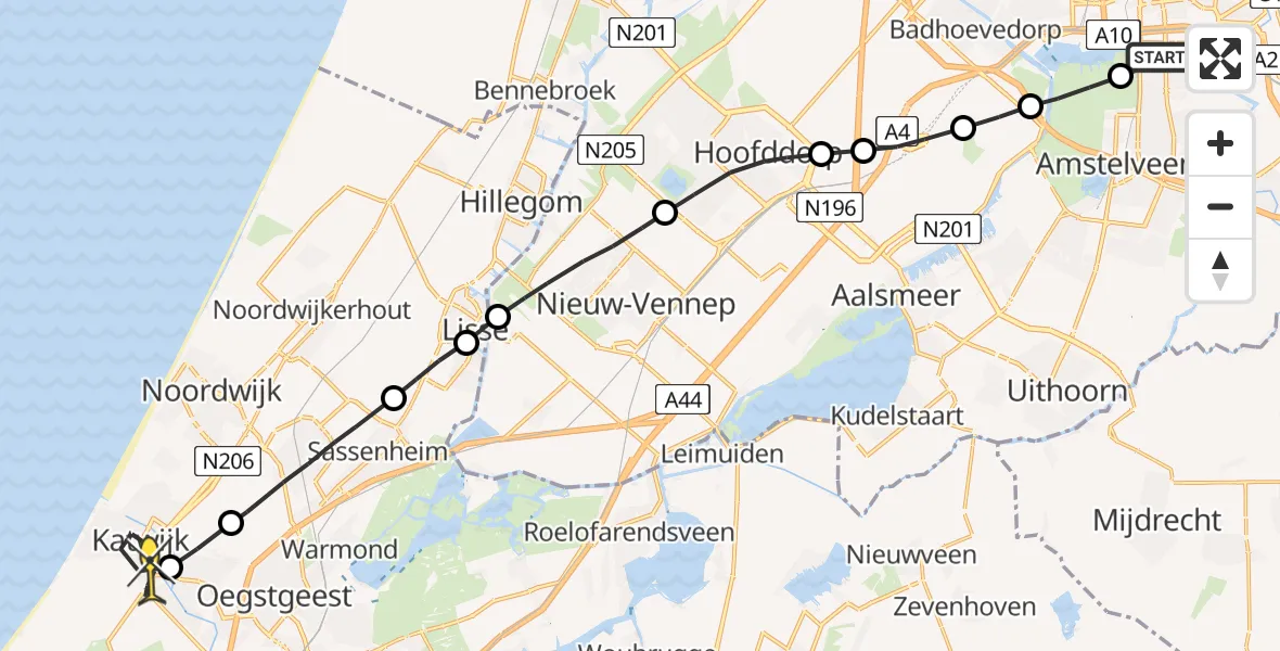 Routekaart van de vlucht: Lifeliner 1 naar Katwijk