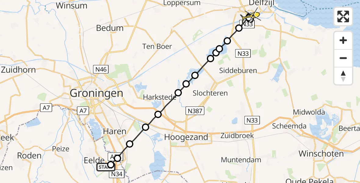 Routekaart van de vlucht: Lifeliner 4 naar Delfzijl