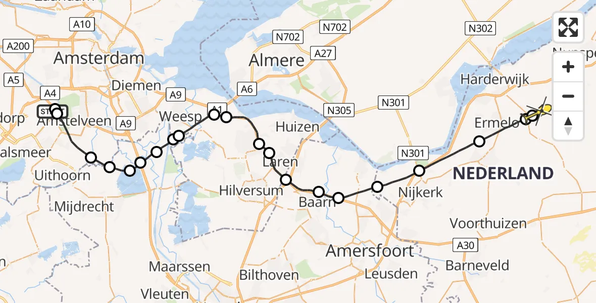 Routekaart van de vlucht: Politieheli naar Ermelo