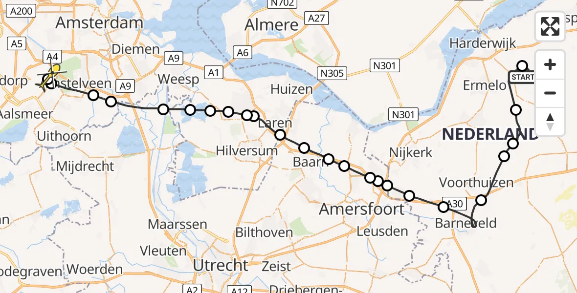 Routekaart van de vlucht: Politieheli naar Schiphol