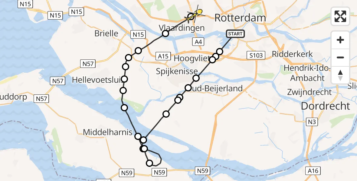 Routekaart van de vlucht: Politieheli naar Schiedam