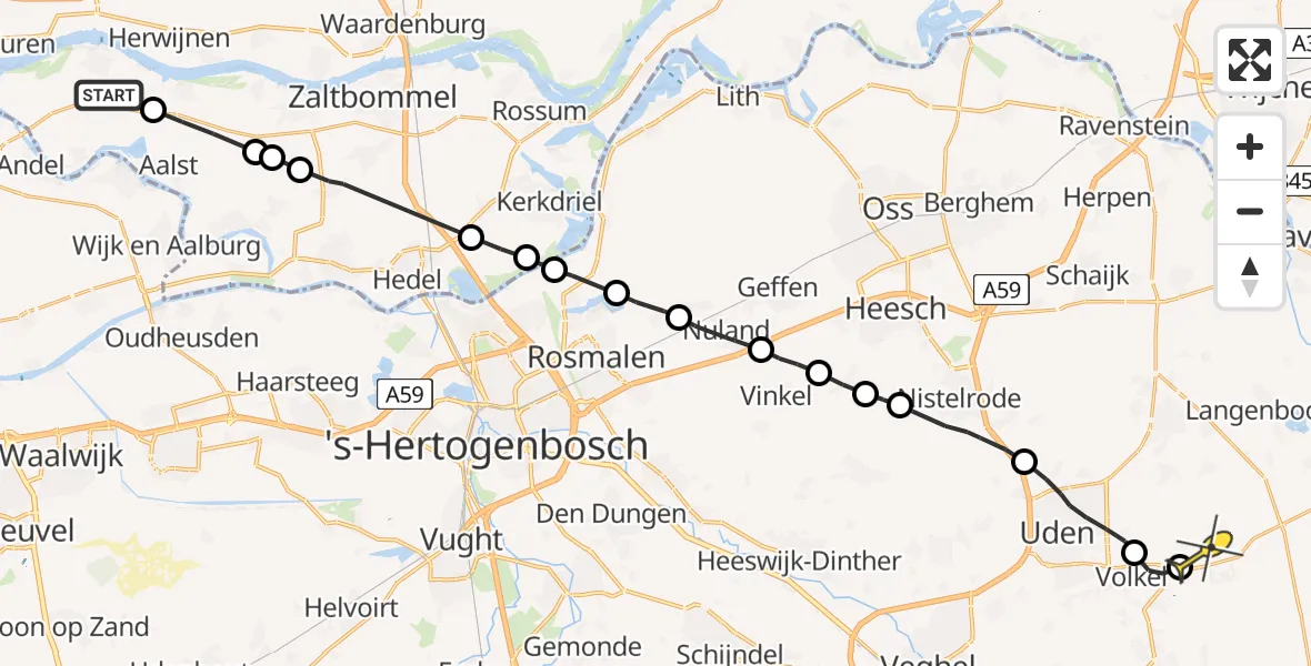Routekaart van de vlucht: Politiehelikopter naar Vliegbasis Volkel
