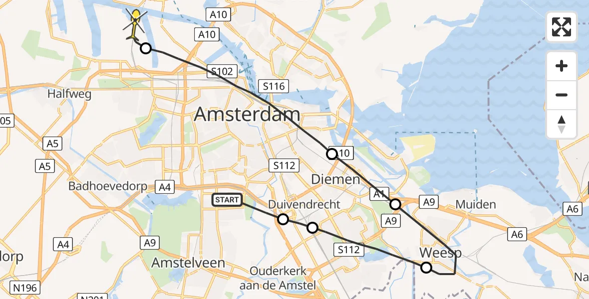 Routekaart van de vlucht: Lifeliner 1 naar Amsterdam Heliport