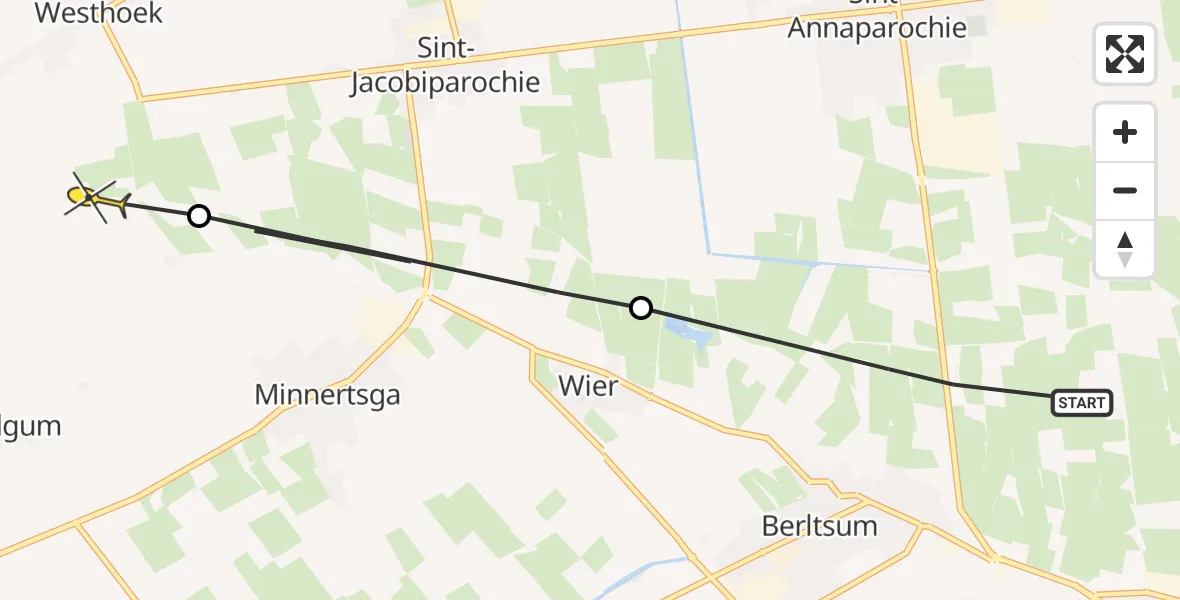 Routekaart van de vlucht: Ambulanceheli naar St.-Jacobiparochie