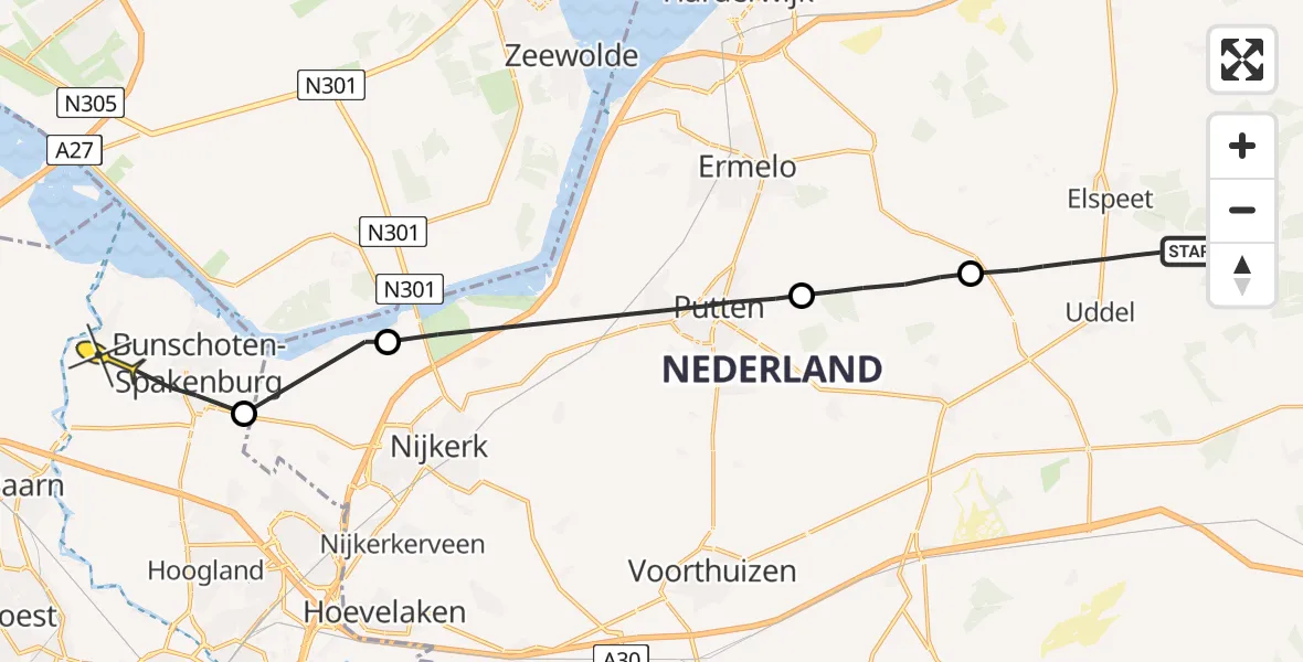 Routekaart van de vlucht: Politiehelikopter naar Bunschoten-Spakenburg