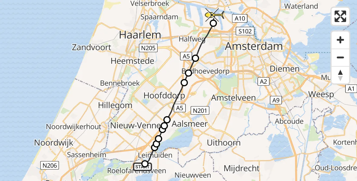 Routekaart van de vlucht: Lifeliner 1 naar Amsterdam Heliport