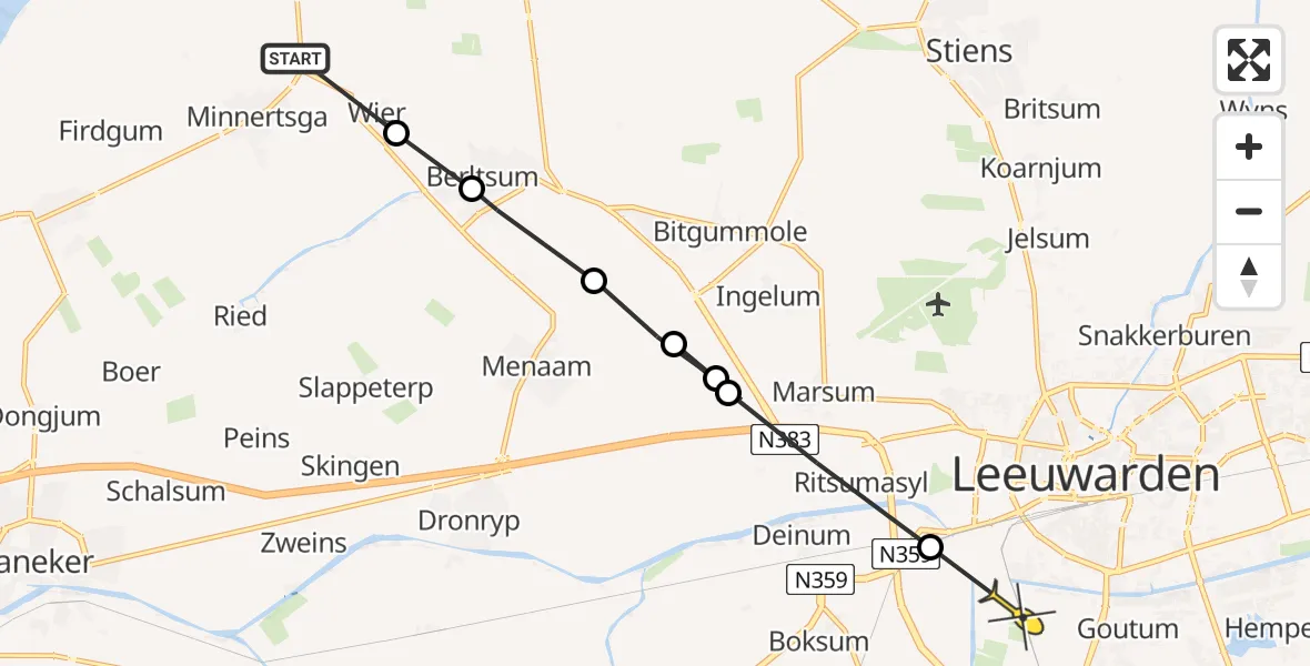 Routekaart van de vlucht: Ambulanceheli naar Leeuwarden